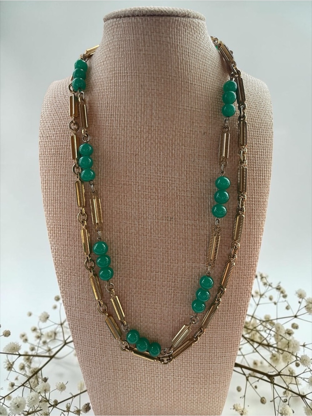 Vintage Emerald Green Glass Link Statement Necklace